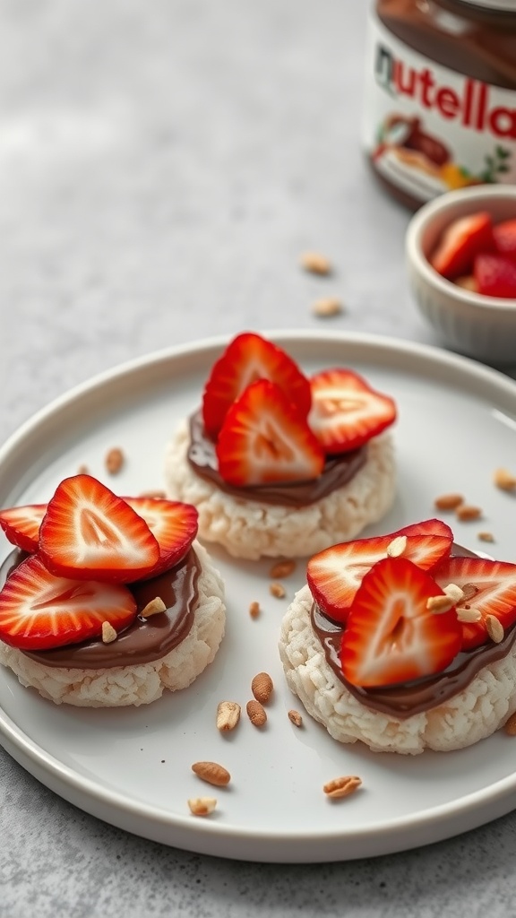 Nutella Rice Cake Treats with strawberries on a plate