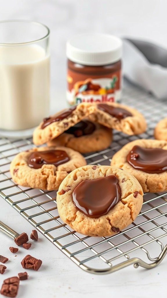 Freshly baked Nutella stuffed cookies on a cooling rack.