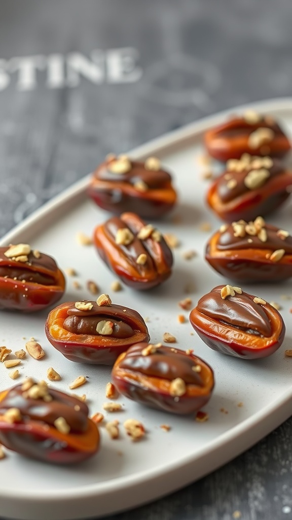 Nutella stuffed dates with nuts on a white plate.