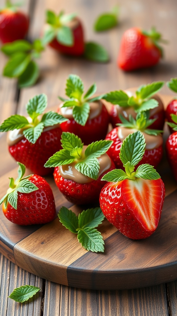 Nutella stuffed strawberries garnished with mint leaves on a wooden platter