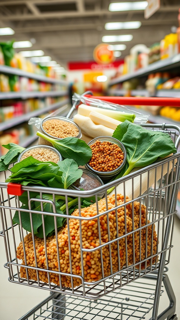 A shopping cart filled with nutrient-dense foods including grains, leafy greens, and legumes.