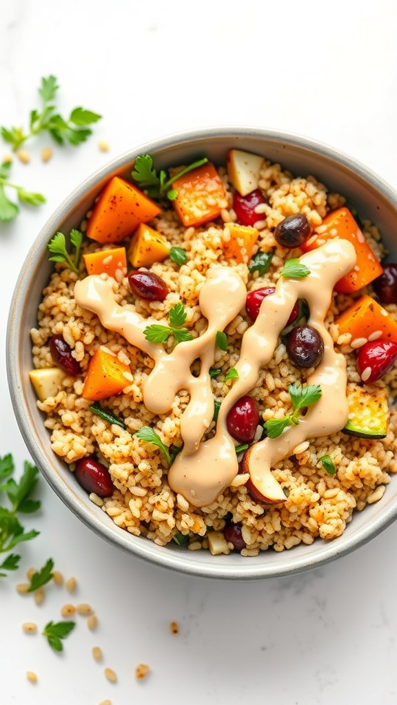 A colorful grain bowl with quinoa, roasted butternut squash, bell peppers, black beans, and a drizzle of tahini sauce.