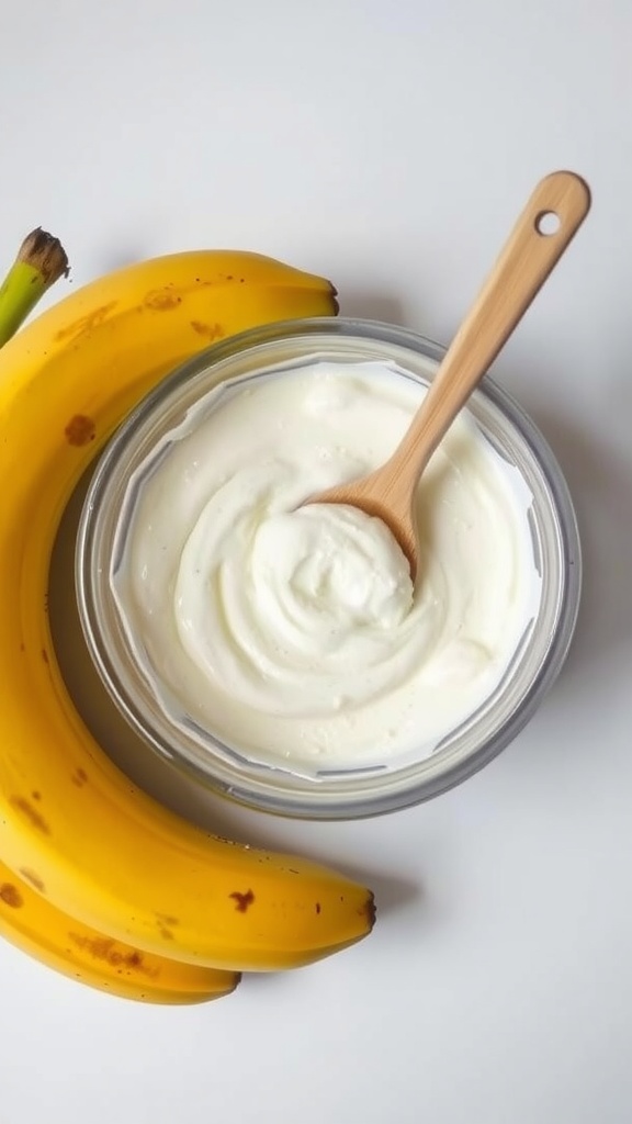 A bowl of creamy face cream with bananas beside it.