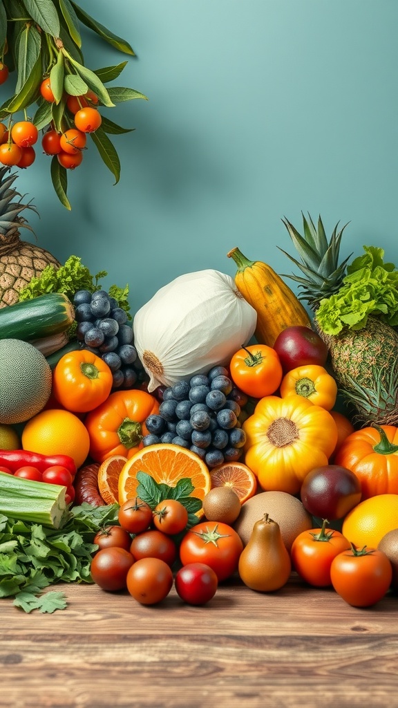 A variety of fresh fruits and vegetables arranged on a wooden table, showcasing their vibrant colors.