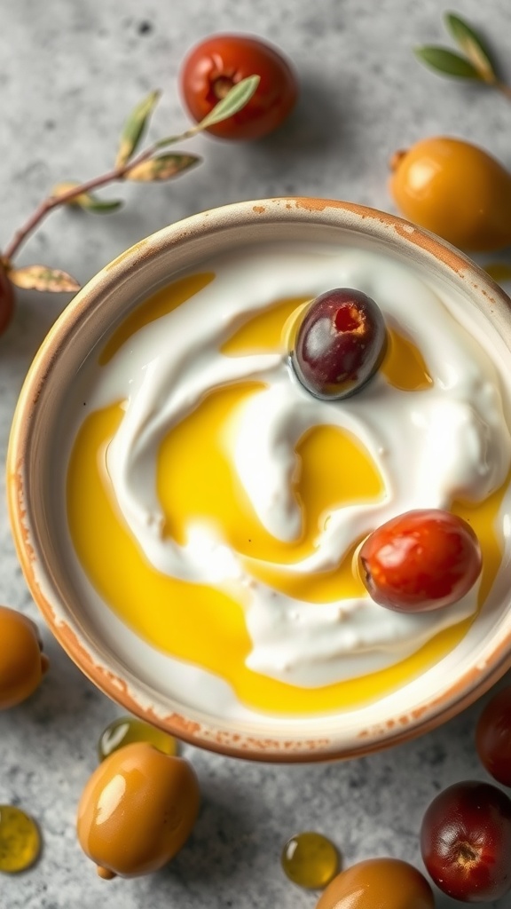 A bowl of yogurt mixed with olive oil, surrounded by olives on a stone surface