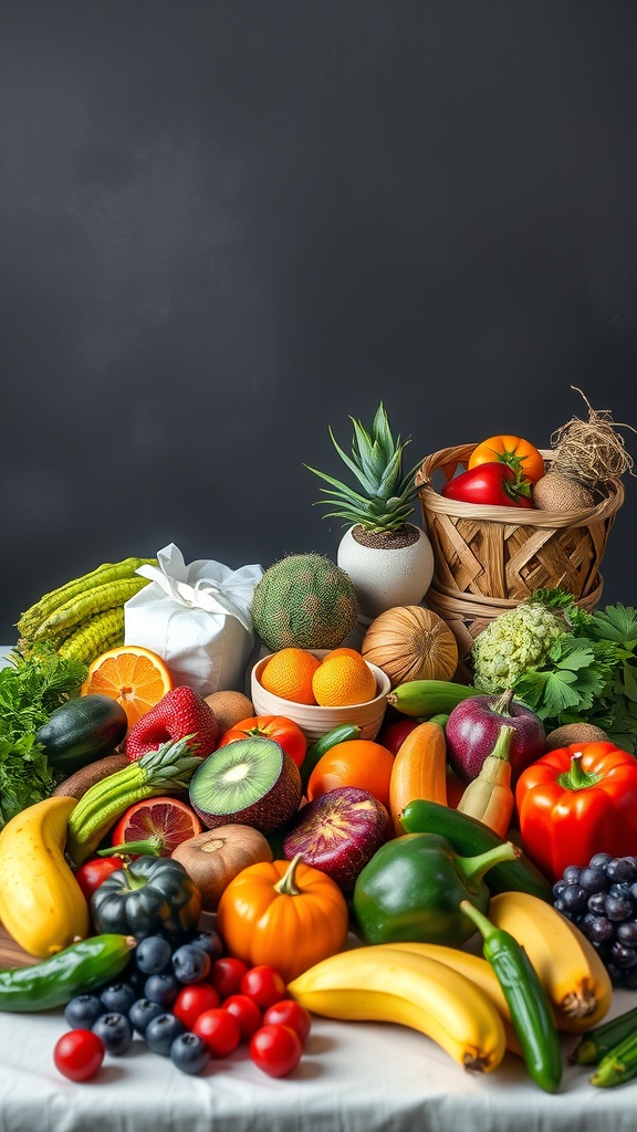 A colorful assortment of fresh fruits and vegetables arranged on a table, showcasing their vibrant colors and textures.