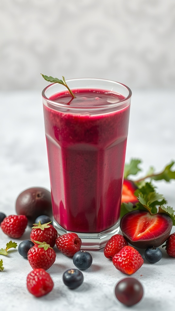 A glass of beet and berry smoothie, surrounded by fresh berries on a light background.
