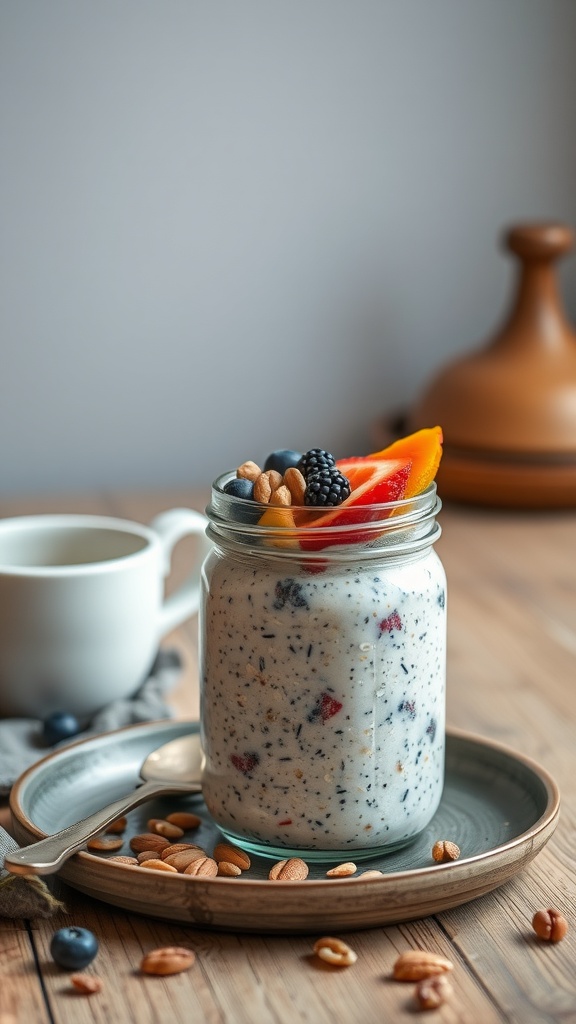 A jar of overnight oats topped with fruits and nuts, with a cup of coffee in the background.
