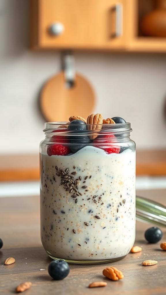 A jar of overnight oats topped with blueberries, raspberries, and pecans.