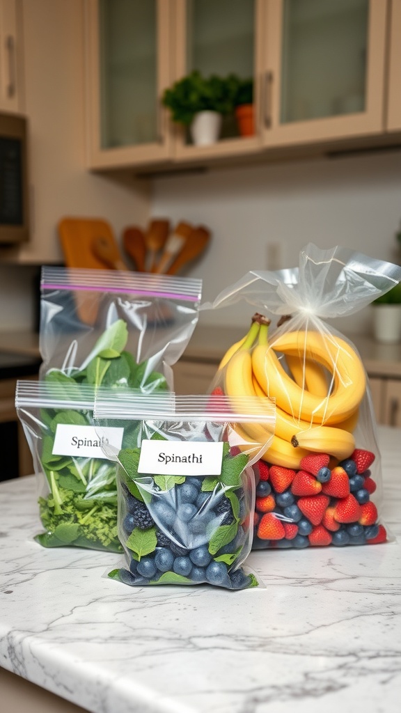 Colorful smoothie packs with spinach, blueberries, strawberries, and bananas on a kitchen countertop.