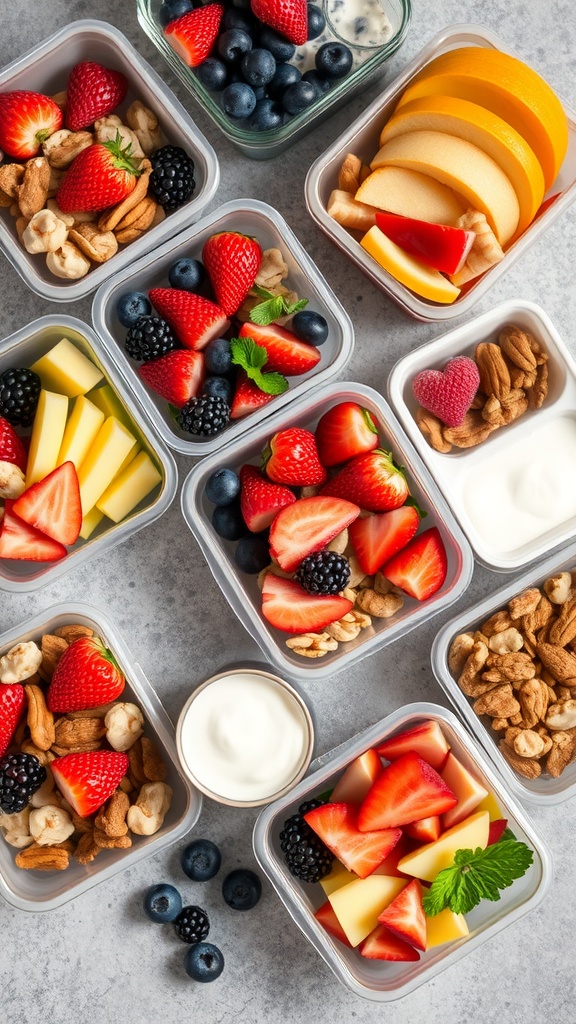 Colorful snack boxes filled with fruits, nuts, and yogurt.