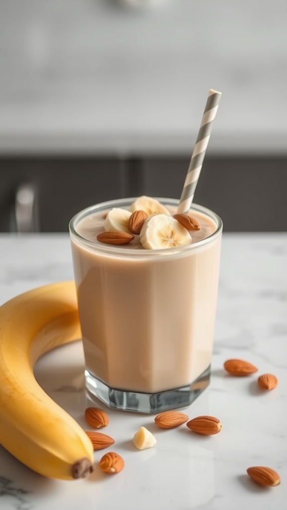 Nutty Almond Butter Banana Smoothie with banana and almonds on a marble countertop