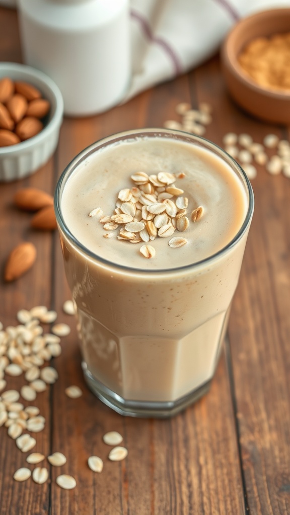 A creamy Nutty Almond Butter Oat Smoothie topped with oats.