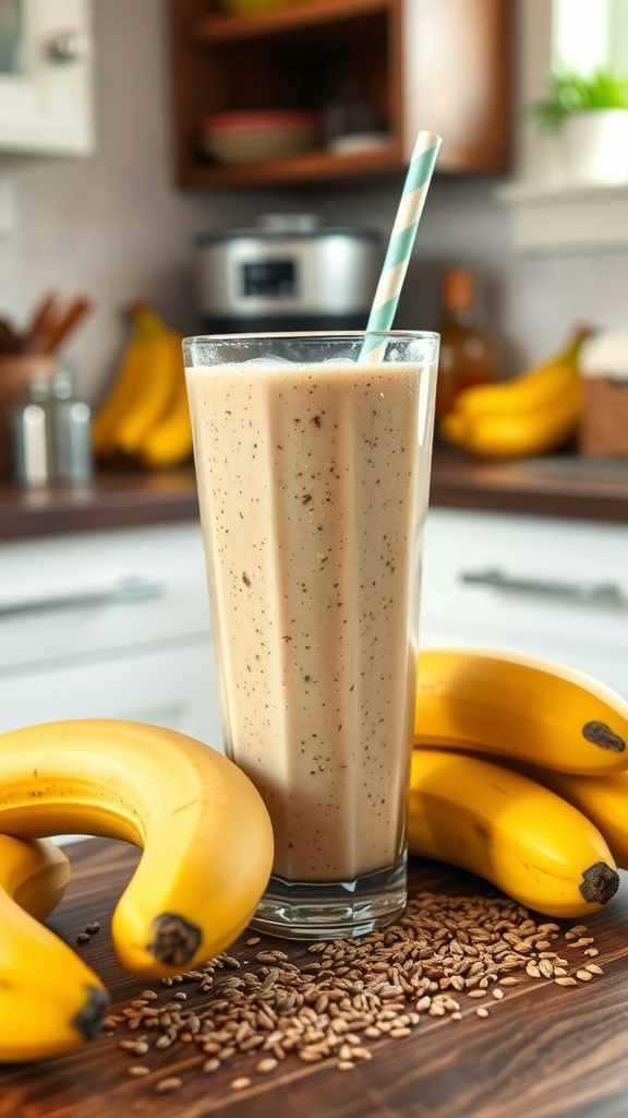 Nutty Banana and Flax Seed Smoothie in a glass with bananas and flax seeds around