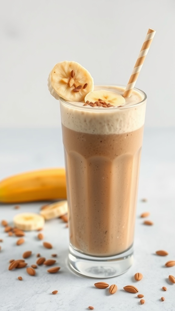 Nutty banana and flaxseed smoothie in a glass with banana slices on top