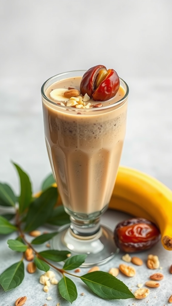 Nutty Banana Date Smoothie served in a glass with banana and dates nearby.