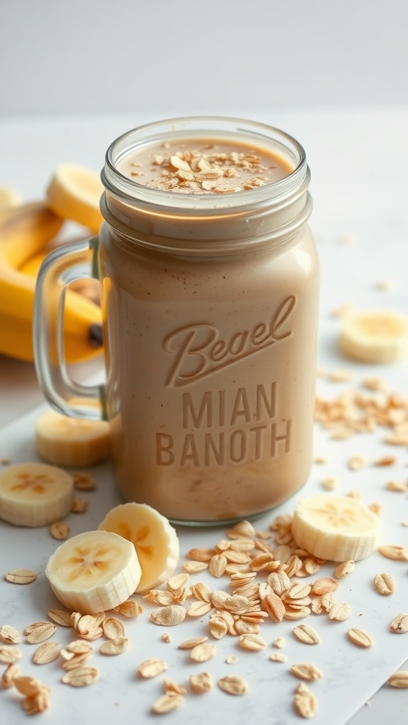 A mason jar filled with a creamy nutty banana oat smoothie, garnished with oats and slices of banana.