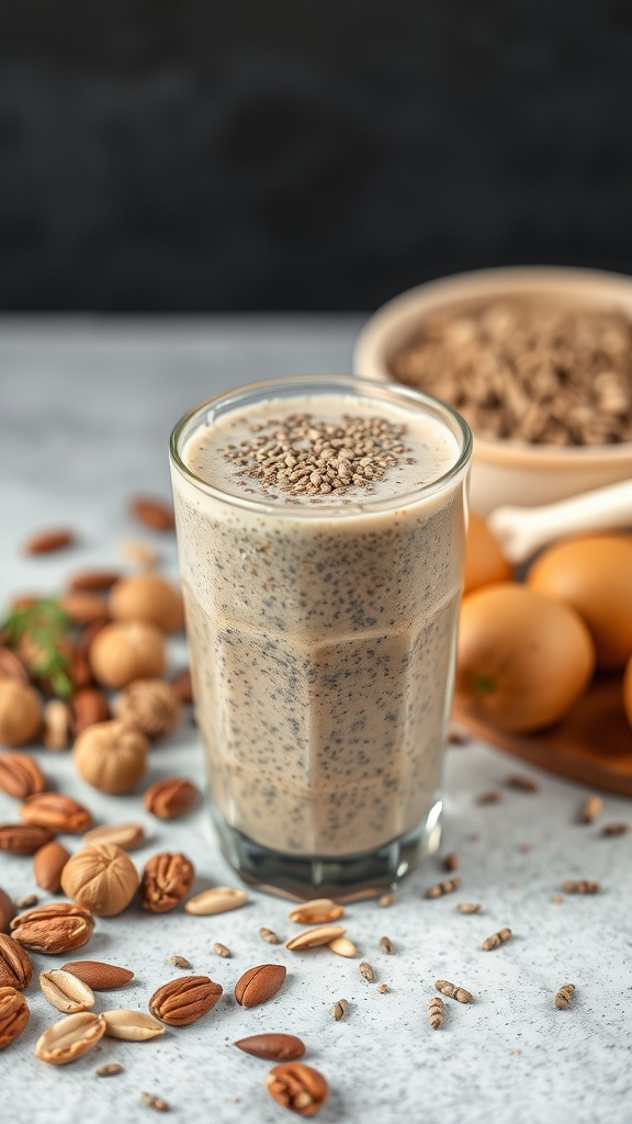 A glass of nutty chia seed smoothie with a variety of nuts scattered around.