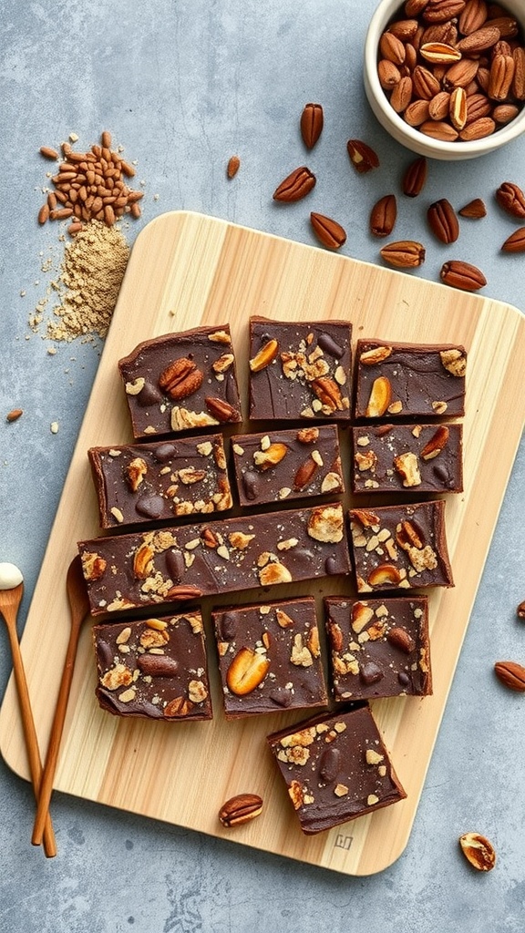 Nutty Chocolate Energy Bars cut into squares on a wooden board