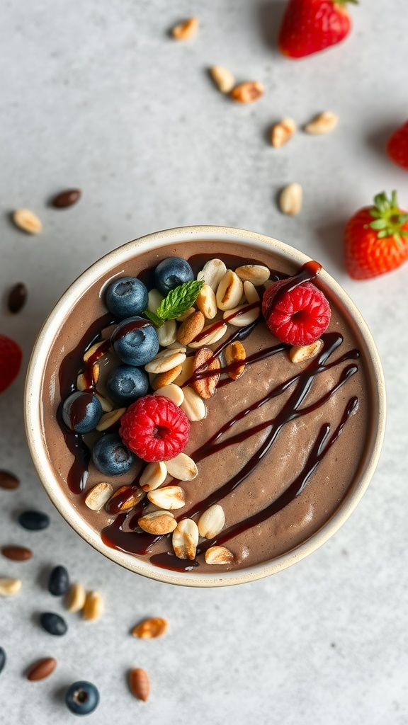 A Nutty Chocolate Smoothie Bowl topped with berries and nuts.