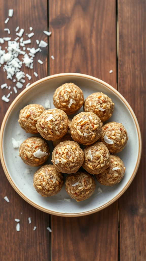 Plate of nutty energy bites made with oats, nuts, and coconut.