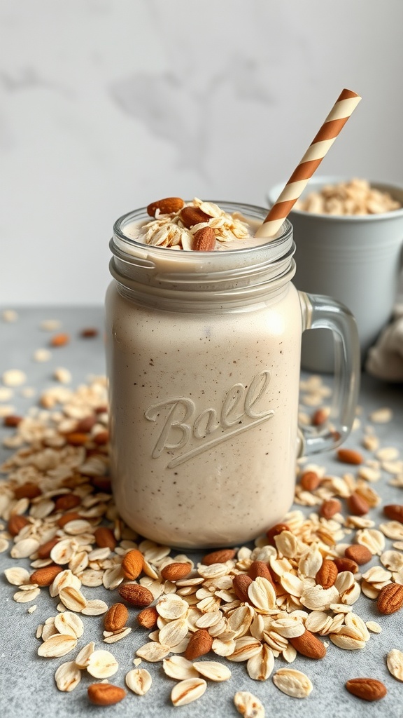 A delicious nutty oatmeal breakfast smoothie in a mason jar with a straw, surrounded by oats and almonds.