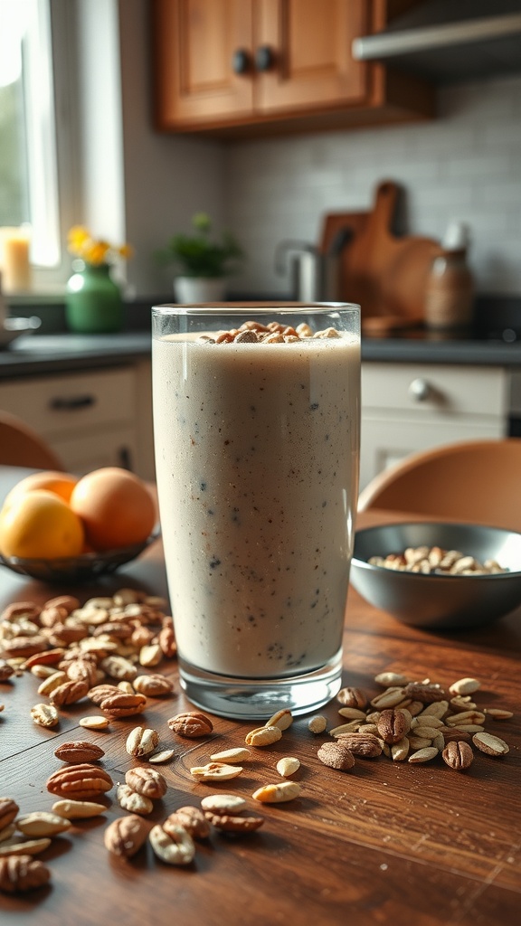 A creamy nutty oatmeal energy smoothie topped with mixed nuts, placed on a wooden table surrounded by scattered nuts.