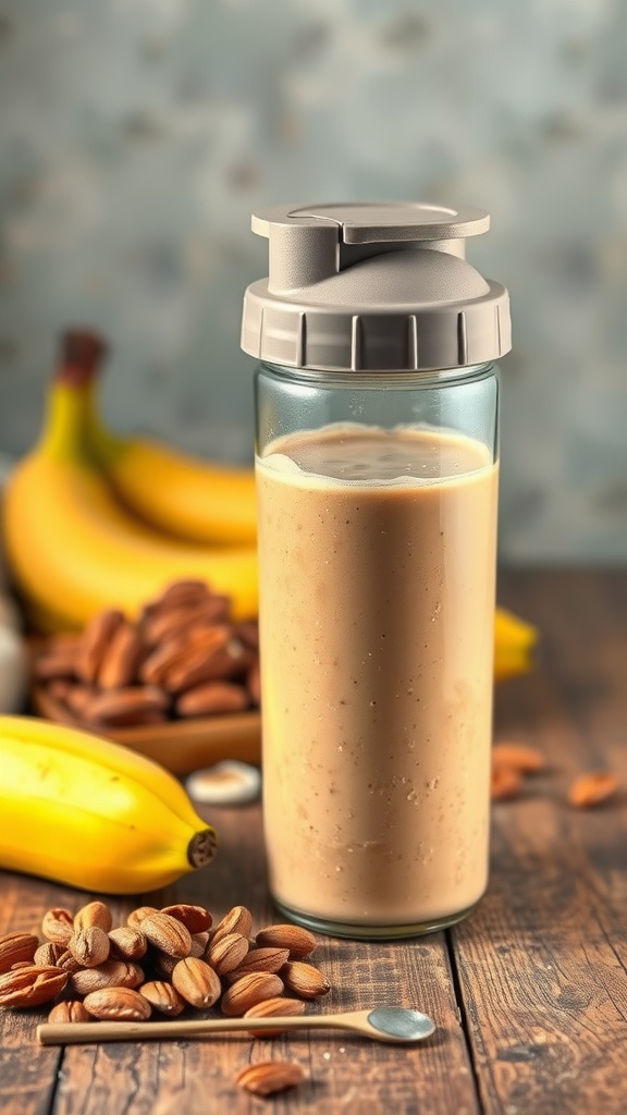 A Nutty Protein Power Smoothie in a clear container next to bananas and almonds.