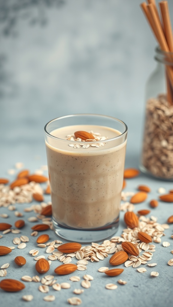 A glass of oatmeal and almond breakfast smoothie surrounded by oats and almonds.