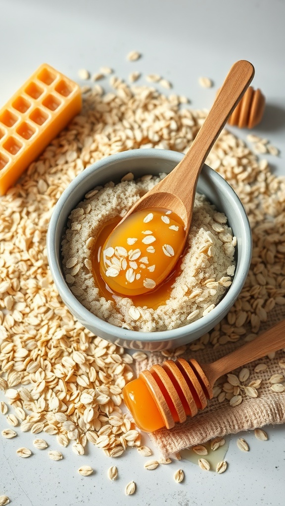 A bowl of oatmeal and honey scrub ingredients with a wooden spoon, surrounded by oats and honey.