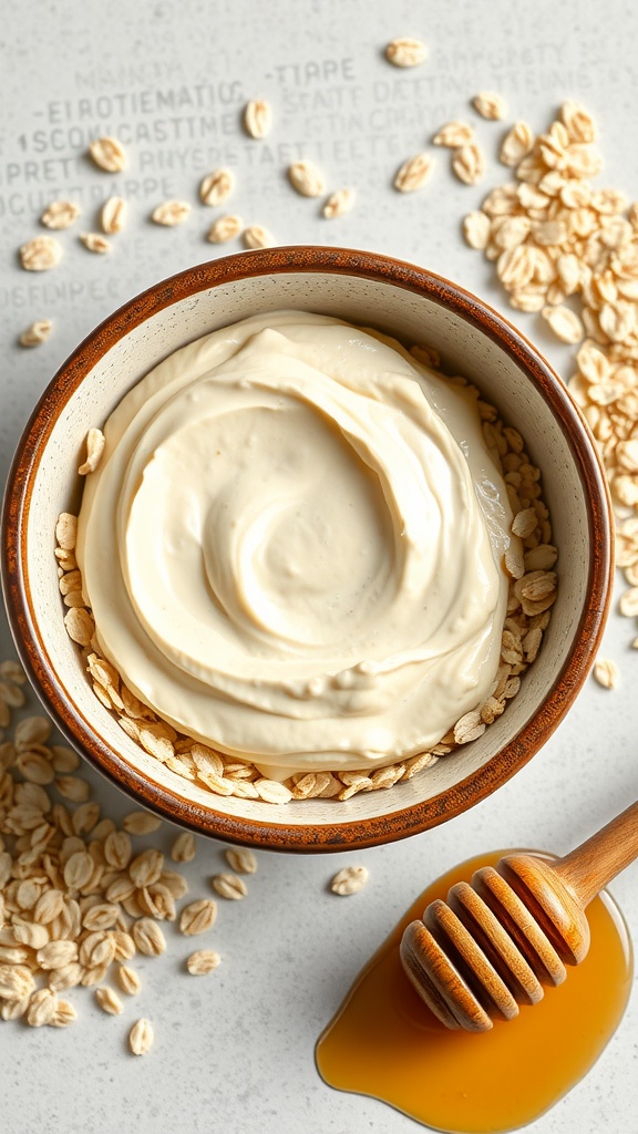 Creamy oatmeal and honey face mask in a bowl, surrounded by oats and honey