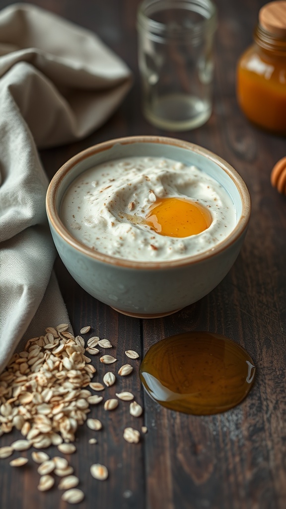 Bowl of oatmeal and honey mixture with oats scattered around