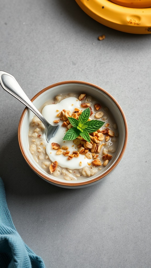 Bowl of oatmeal topped with yogurt, nuts, and mint leaves