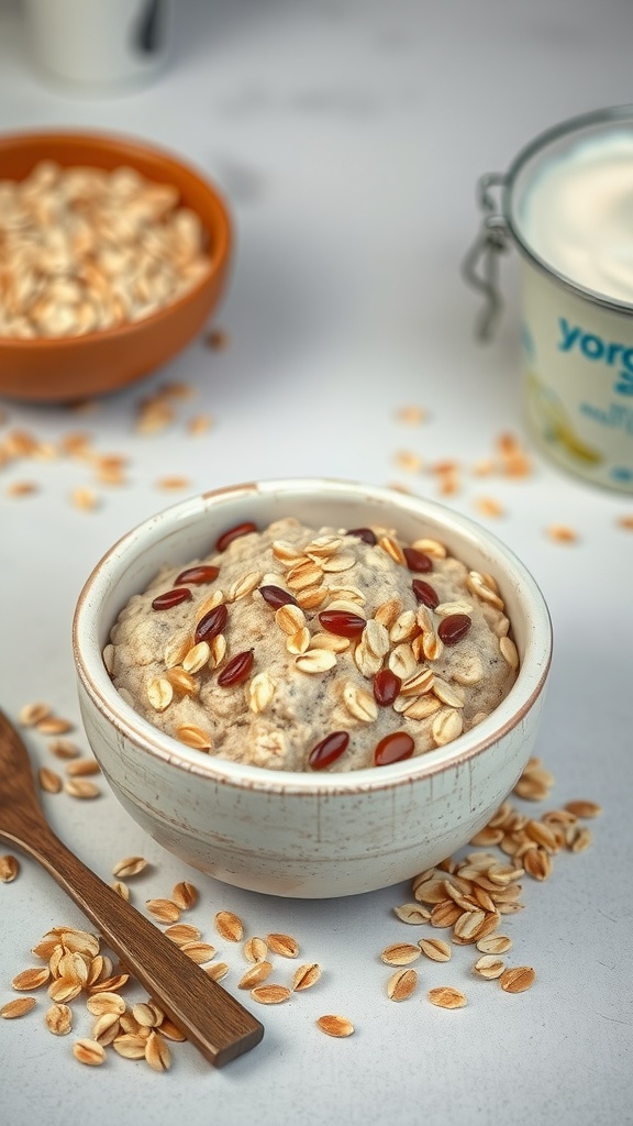 A bowl of oatmeal and yogurt mixture with toppings, surrounded by oats and a spoon.