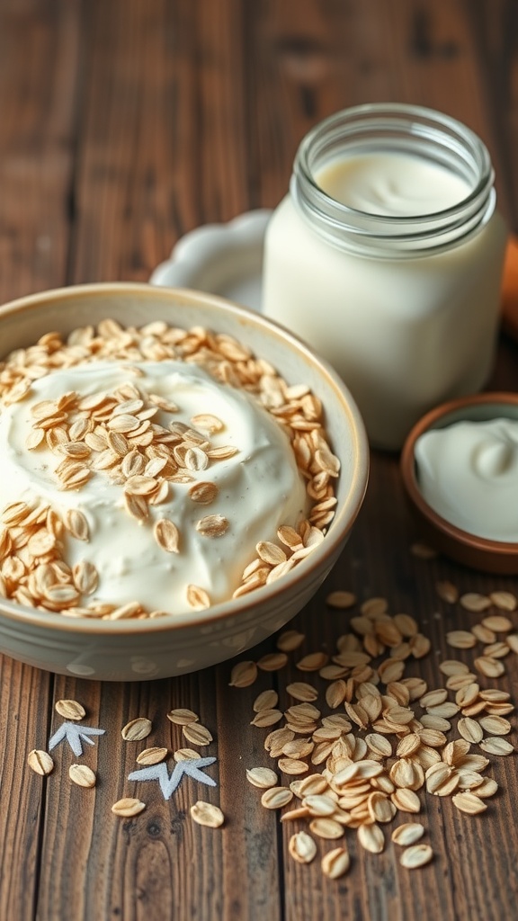 Bowl of yogurt topped with oats, with scattered oats around it on a wooden table.