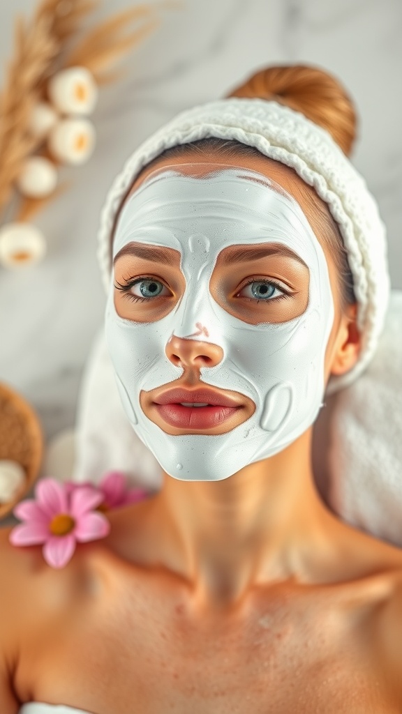 A person relaxing with a white facial mask made from oatmeal and yogurt, showcasing a natural skincare routine.