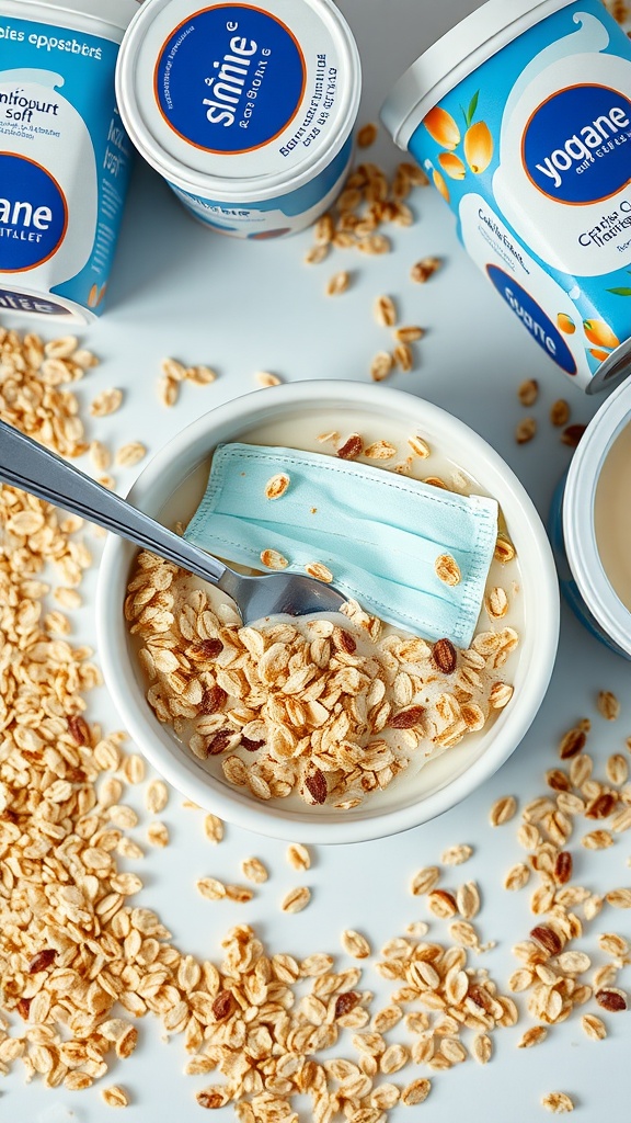 Bowl of yogurt and oatmeal face mask with scattered oats and a blue mask.