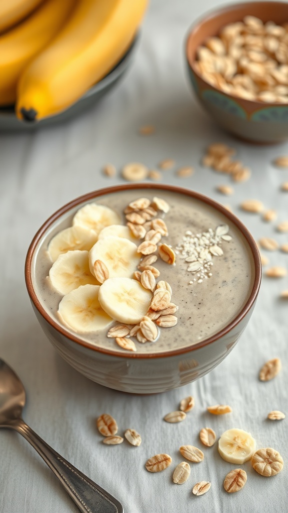A bowl of oatmeal banana smoothie topped with banana slices and oats.