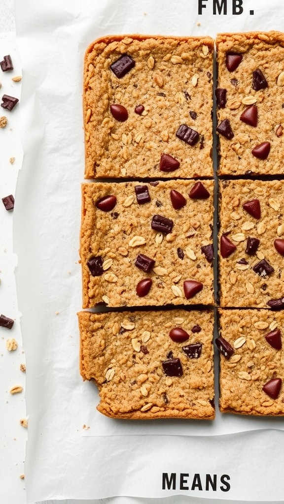 Oatmeal energy bars cut into squares with chocolate chunks on top.