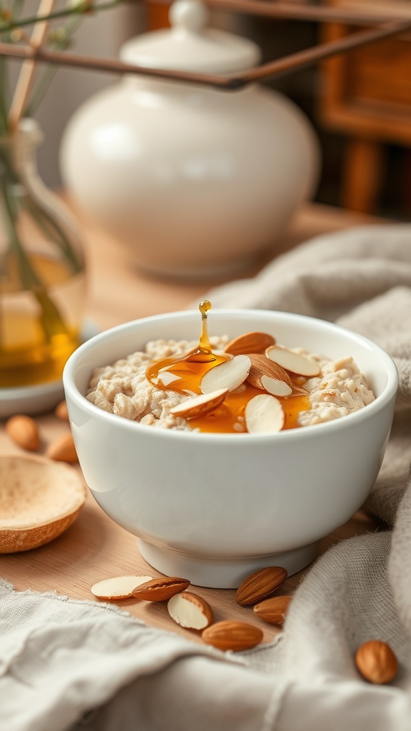 A bowl of oatmeal topped with honey and sliced almonds