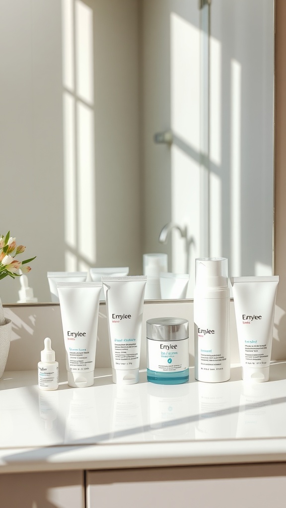A variety of oil-free skincare products displayed on a clean vanity.