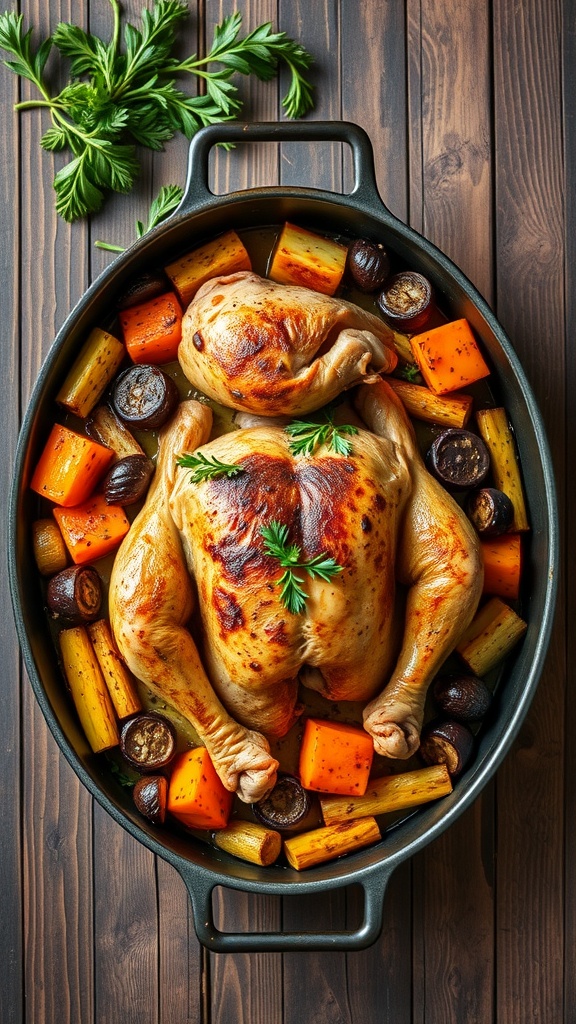 A delicious one-pan baked chicken with colorful vegetables.
