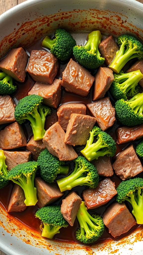 A pan filled with cooked beef pieces and broccoli florets, ready to be served.