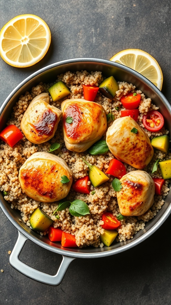 A one-pan chicken and quinoa dish with colorful vegetables and lemon slices.