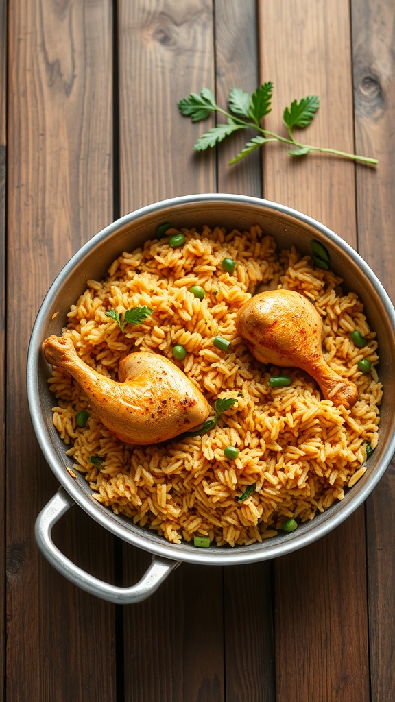 A pot filled with chicken legs and fluffy rice, garnished with fresh herbs.