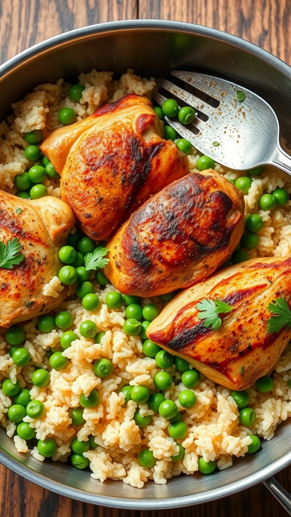 A delicious one-pan chicken and rice dish with green peas