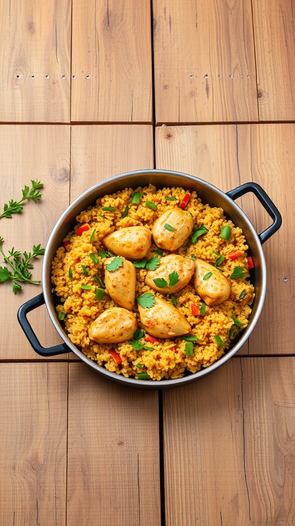 A delicious one-pan chicken and rice dish with colorful vegetables.