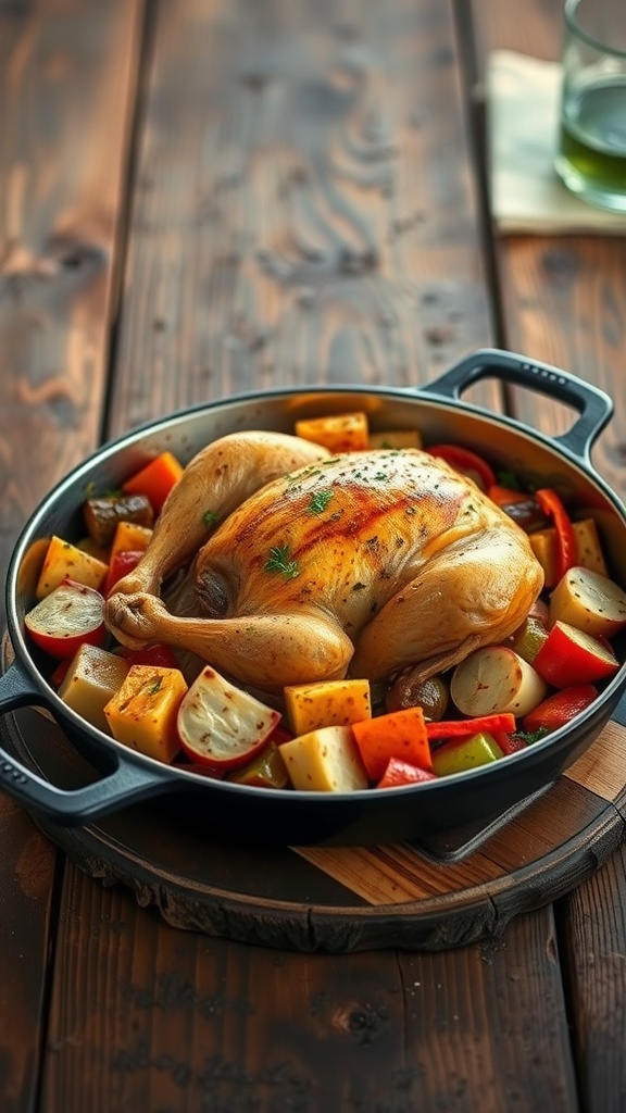 A beautifully roasted chicken served with colorful vegetables in a pan.