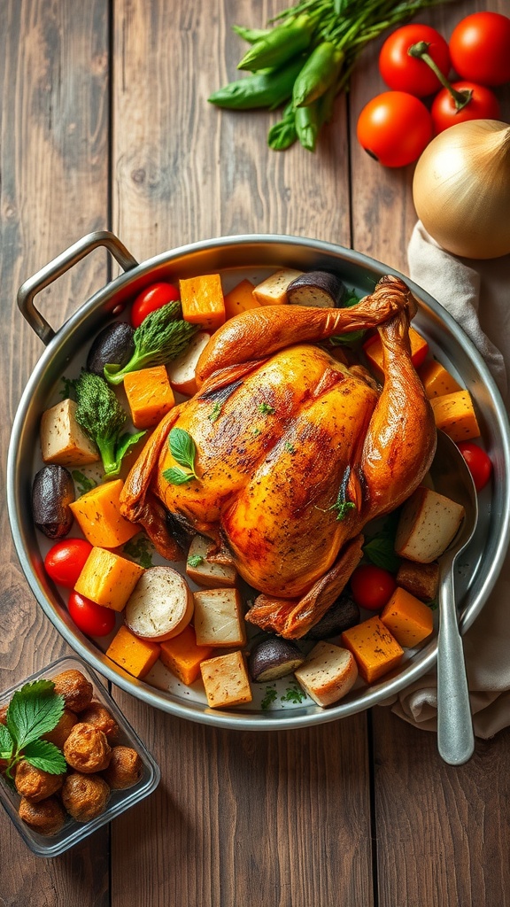 One-Pan Chicken and Vegetables dish featuring roasted chicken and colorful vegetables.
