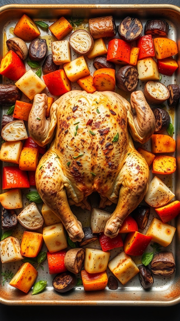 A whole roasted chicken surrounded by colorful vegetables on a baking sheet.